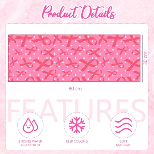 Breling 24 Pack Breast Cancer Awareness Cooling Towels 31 x 11 inches Pink Ribbon Sweat Breathable Chilly Pink Microfiber Football Towel for Breast Cancer Procession Survivor Sport Yoga Gifts(Trendy)
