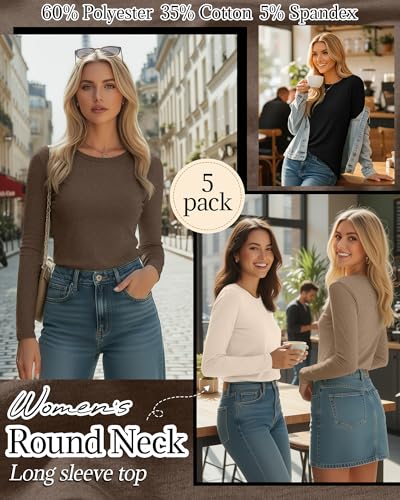 Huukeay Women's Crew Neck Long Sleeve Shirts - 5 Pack, Black Gray Brown Cream Large