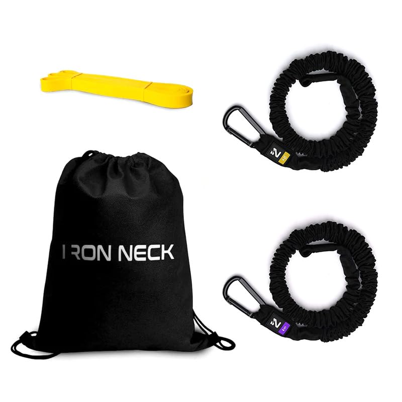 Iron Neck Resistance Bands Rehab Kit - Includes 5-lb & 10-lb Resistance Bands, Extra Light Power Band, & Drawstring Bag - Neck Trainer, Exerciser, & Strengthener Home & Gym Use - Home Gym Accessories