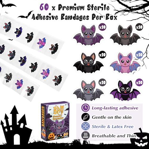 Geiserailie 60 Pcs Christmas Bandage Gifts Fun Bat Bandage Kids 6 Styles Self Adhesive Latex Free Sterile Wound Care Kid First Aid Kit Supplies for Xmas Wounds Household Patches Gifts