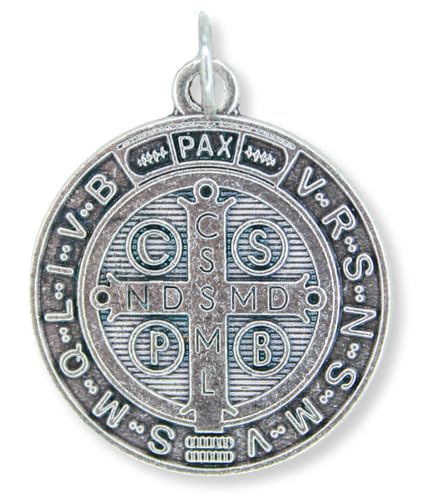 Silver Oxidized St. Benedict Medal Pendant 1.25 Inch Catholic Jewelry - Made in Italy