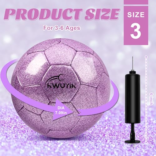 Glitter Purple Soccer Ball Size 3 with Pump for Kids Toddlers & Teens