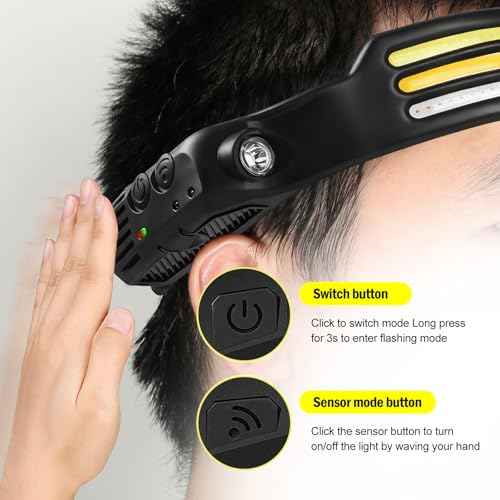 AURUZA 2PCS Headlamp Flashlight,2 COB 230¡ÆWide Beam Headlight Rechargeable LED Headlamps with Motion Sensor Bright 5 Modes Three Light Strips Waterproof Head Lamp for Outdoor Running, Camping Hiking