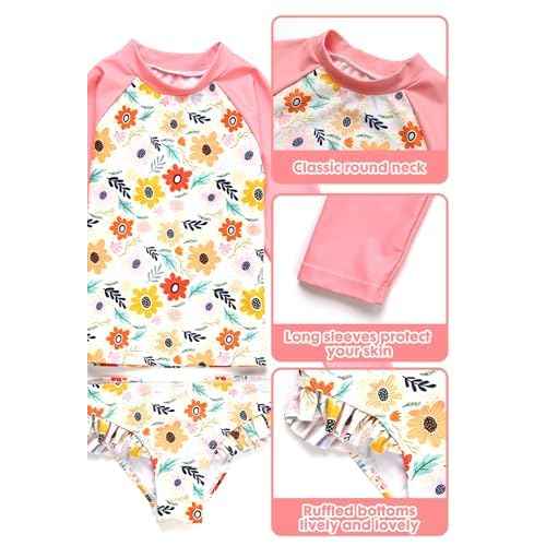 Girls Swimsuit,Toddler Girls Bathing Suit Long Sleeve Rush Guard Swimwear,UPF 50+ Quick Dry Summer Beach Swimsuit