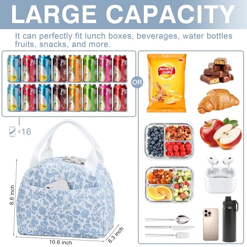 Insulated Corduroy Lunch Bag with Floral Pattern - Reusable Large Capacity Cooler Tote for Women