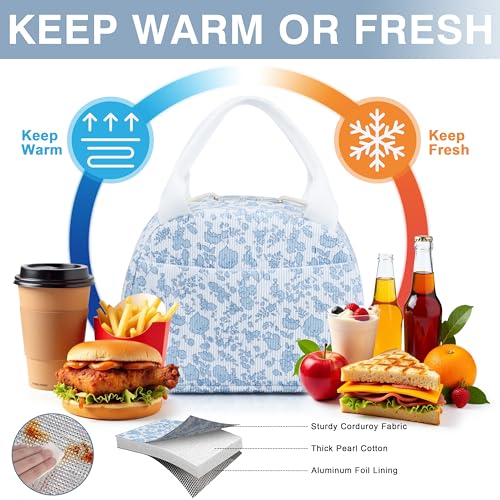 Insulated Corduroy Lunch Bag with Floral Pattern - Reusable Large Capacity Cooler Tote for Women