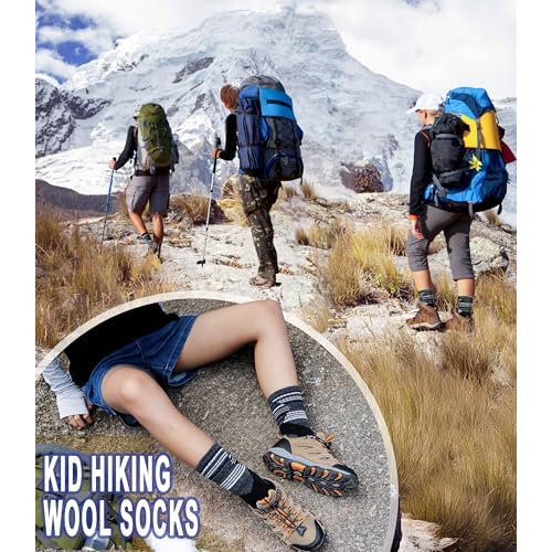 Yebing Kids Merino Wool Hiking Socks Boys Girls Toddlers Winter Warm Thermal Thick Cushion Boot Crew Gift Socks 6 Pairs