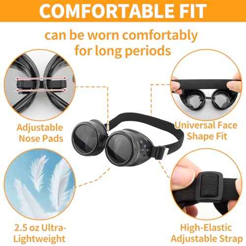 TamBee Black Goggle Steampunk Glasses Costume Cosplay Goggles Steampunk Accessories - Round Goggle, Black Lens, Elastic Band, for Halloween Party, Women, Men (2 Black)