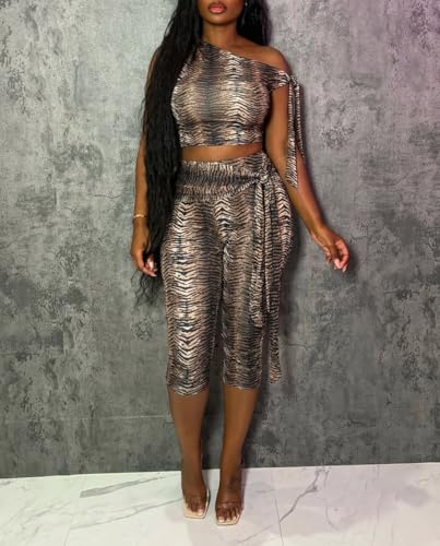 Women Sexy 2 Piece Outfit Set - Crop Top & Capri Leggings Large Brown Black