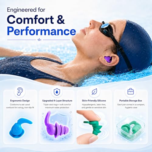 Reusable Waterproof Ear Plugs for Swimming Adults & Teens - 5 Pairs with Color Options & Cases