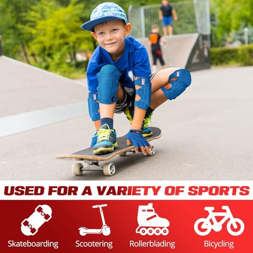 Kids Blue Roller Skates Protective Gear Set with Knee & Elbow Guards, Wrist Gloves, Medium