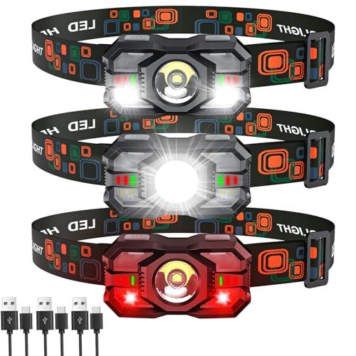 Rechargeable Headlamp Flashlight 2000 Lumen Super Bright Camping Head Light - Black 3 Pack