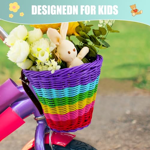 Purple Kids Bike Basket Front Handwoven Rainbow Wicker for Girls with Adjustable Leather Straps