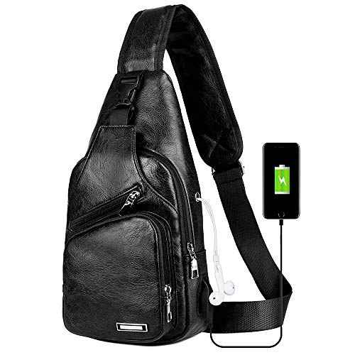 Peicees Leather Sling Bag Mens Crossbody Bag Chest Bag Sling Backpack for Men with USB Charge Port