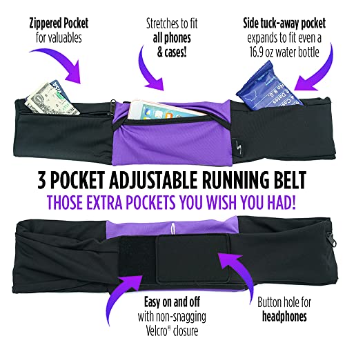 Adjustable Running Belt Waist Pack with 3 Pockets & Sweat Resistant Back - Large Black