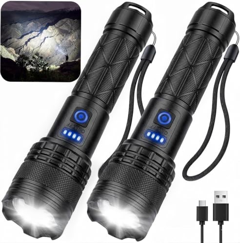 High Lumens Rechargeable LED Flashlight 99,000 Lumens Waterproof 2 Pack
