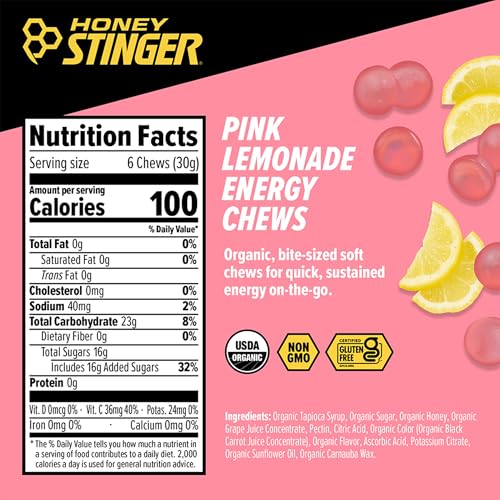 Honey Stinger Organic Pink Lemonade Energy Chews Pack of 12 - Gluten & Caffeine Free Sports Nutrition