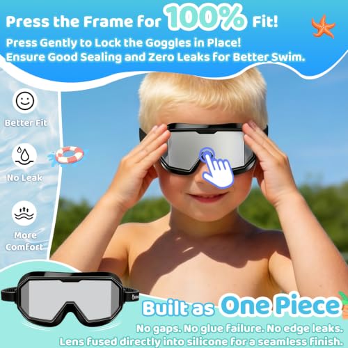 Kids Swim Goggles - Anti-Fog UV Wide View, Fabric Strap, Black & Green