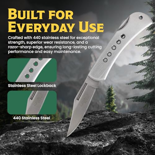 Stainless Steel Lockback Pocket Knife with Razor Sharp Blade and Handle Holes - Outdoor EDC Utility Tool