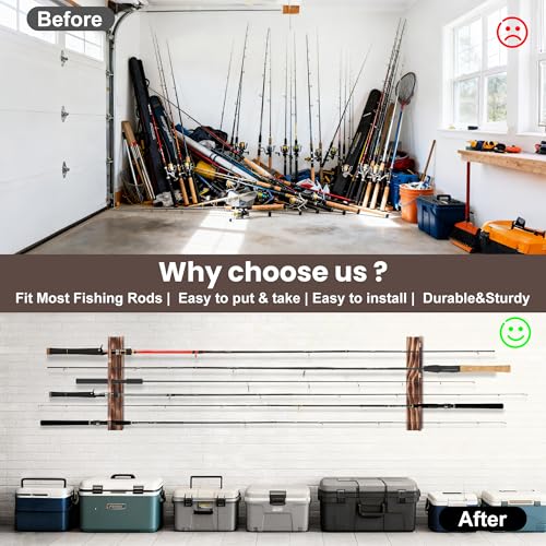 Wooden Fishing Rod Holder Wall & Ceiling Mount - Holds Up to 6 Rods, Tackle Storage Organization