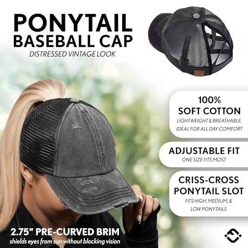 Funky Junque Ponytail Hat for Women - Baseball Cap with Adjustable Fit & High Pony Tail Criss Cross Back for Everyday Wear
