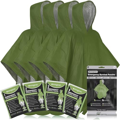 aZengear Emergency Survival Poncho (4pc) Thermal Mylar Foil Blanket for Heat Retention and Rain | Reversible with Hood | Waterproof, Windproof, Portable, Hands-Free, Outdoor Kit (Green)