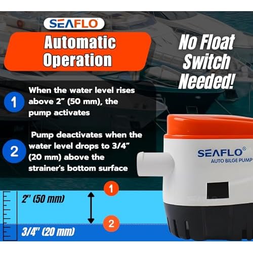 SEAFLO 06 Series Automatic Submersible Bilge Pump - 750GPH, 12V, 3/4" Outlet, 4-Year Warranty! All-in-One Pump and Float Switch, Snap-Off Strainer, Compact for Marine Boat Yacht, CE Rohs Certified
