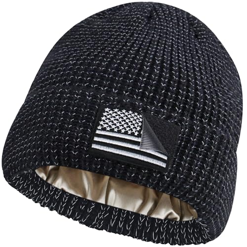 Ababalaya American Flag Knit Watch Cap, Satin Lined USA Multi-Season Army Military Tactical Beanie, Reflective Beanie