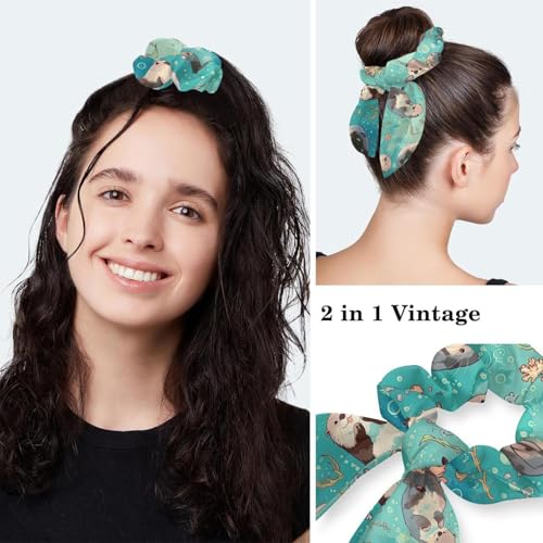 Scrub Caps Women, Adjustable Surgical Caps with Ponytail Pouch, Working Cap with Bow Hair Scrunchy, Bouffant Hat with Buttons, Otter Ocean Animal Cartoon Cute Turquoise