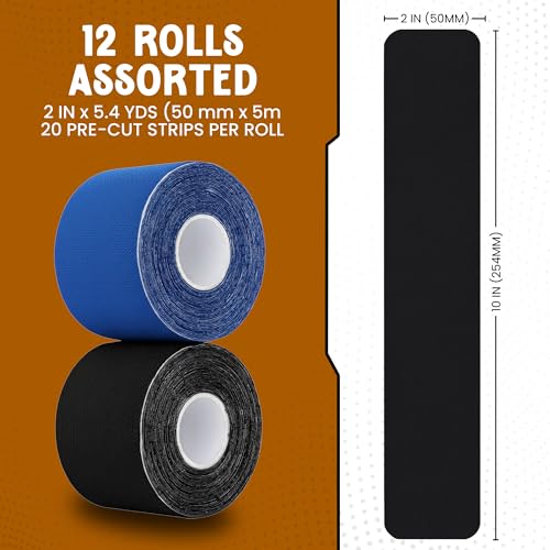 Kinesiology Tape Precut Strips - Assorted 12 Pack for Knee & Body Support