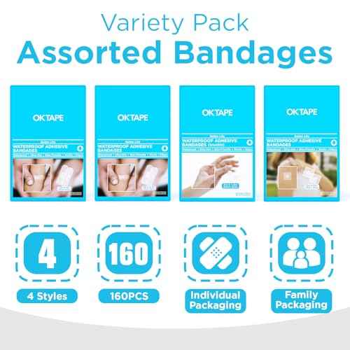OK TAPE Waterproof Clear Adhesive Bandages, Bulk 160 ct Sheer Assorted Sizes with Individually Wraps for First-Aid Wound Care, Variety Bandage Pack for Minor Cuts & Scrapes - Stays Put in The Shower