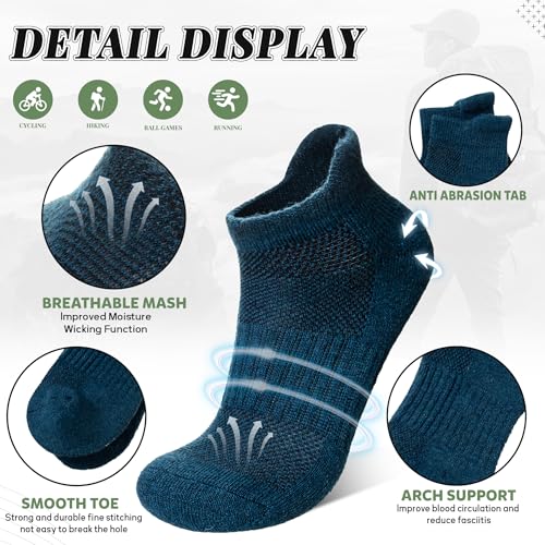 Merino Wool Ankle Hiking Socks for Men & Women - Thick Cushioned, Breathable, No Show Socks 6 Pairs - Blue & Green, Large