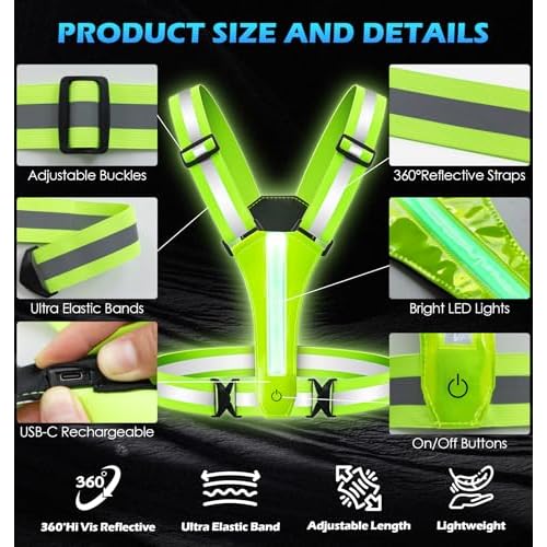 LED Reflective Vest Running Gear, 8 Lights Colors Illuminated, USB-C Rechargeable, High Visibility Safety Vest with Adjustable Waist/Shoulder, Light Up Vest for Night Dog Walking Cycling