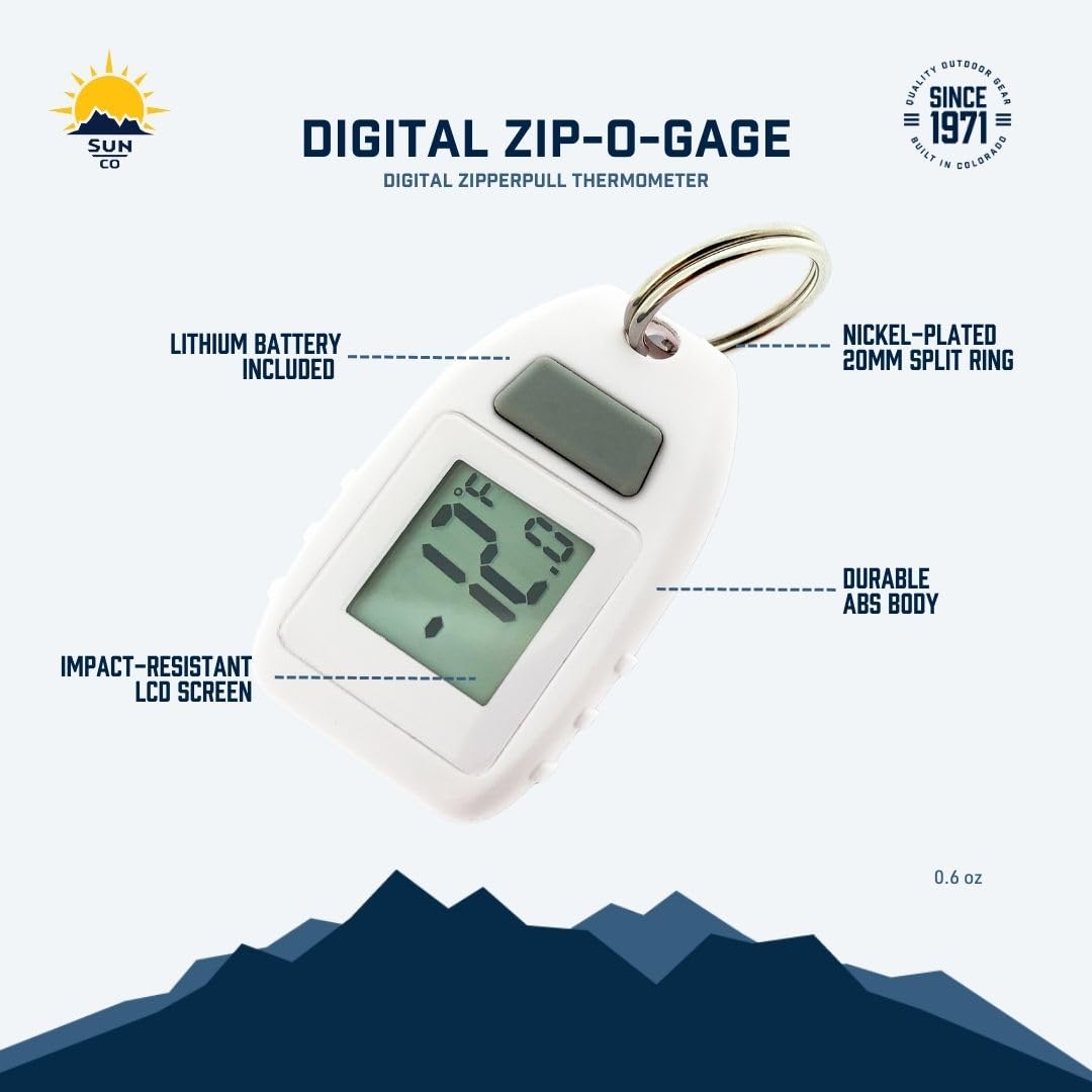 Sun Company Digital Zipogage - Compact Zipperpull Digital Thermometer | for Skiing, Snowboarding, Cold-Weather Camping, Snowshoeing, or Any Outdoor Activity