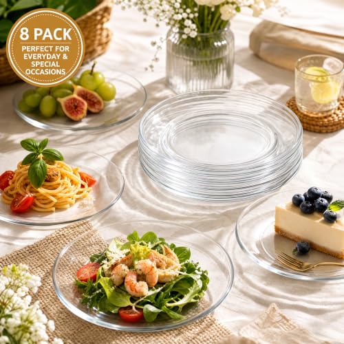 7.5 Inch Glass Dessert Plates - Pack of 8 Clear Salad & Snack Plates, Dishwasher Safe