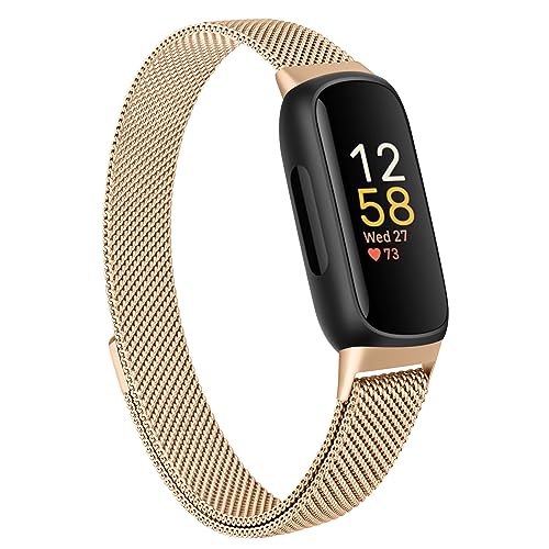 Rose Gold Metal Mesh Watch Band Compatible with Fitbit Inspire 3 & 2, Adjustable Strap