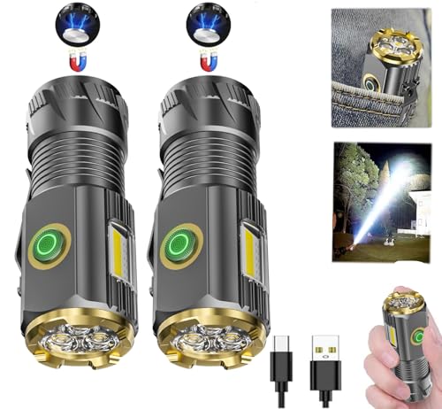 Rechargeable Mini LED Flashlight Set - 9000 Lumens, Waterproof, 6 Modes, with Clip & Magnet - Grey 2-Pack