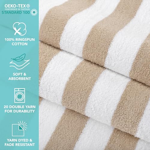 Arkwright California Cabana Stripe Beach Towel - Pack of 4, Large Soft Quick Dry Cotton Terry Towels Set for Pool, Swim, and Hot Tub, Oversized 30 x 70 in, Beige