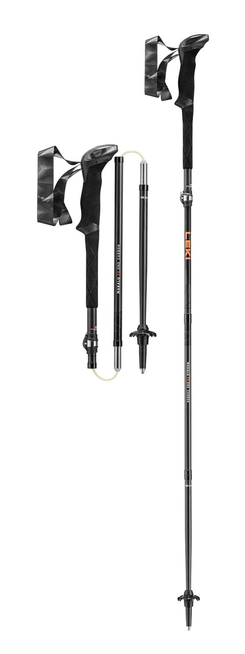 LEKI Makalu FX.One Carbon Adjustable Lightweight Walking Poles for Trekking & Hiking - Black-Naturalcarbon-Orange - 110 cm