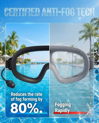 Adult Swim Goggles Wide View Anti-Fog UV Waterproof with Earplugs & Quick-Release