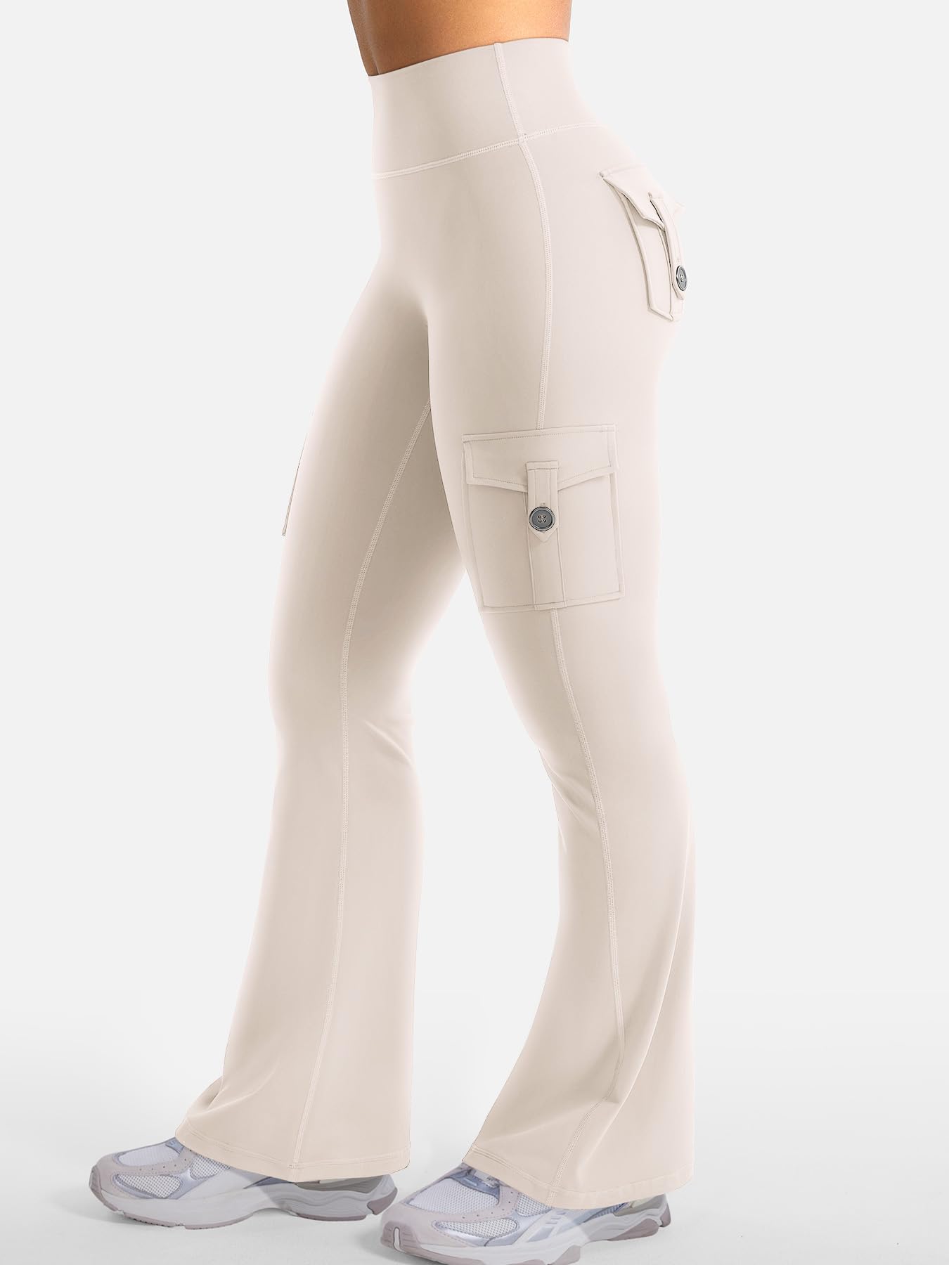 YEOREO CoreFlex Women Workout Flare Leggings with Pockets Hidden Scrunch High Waisted Cargo Gym Yoga No Front Seam Leggings Light Khaki M
