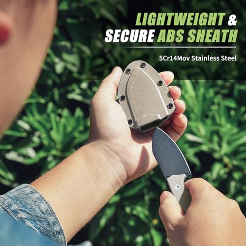 EDC Neck Knife with Sheath - Khaki Handle, 2.8" Stainless Steel Blade, Tactical Fixed Blade Camping Knife, Variation: Khaki-Black