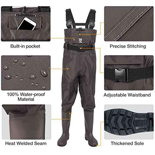 TIDEWE Bootfoot Chest Wader, 2-Ply Nylon/PVC Waterproof Fishing Hunting Waders with Boot Hanger for Men Women Green Brown