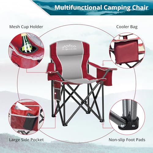 SAILARY 2PCS Folding Camping Chair, Heavy Duty Portable Lawn Chairs with Cooler Bag, Side Pocket & Cup Holder, Folding Chairs for Outside Support 450lbs Red