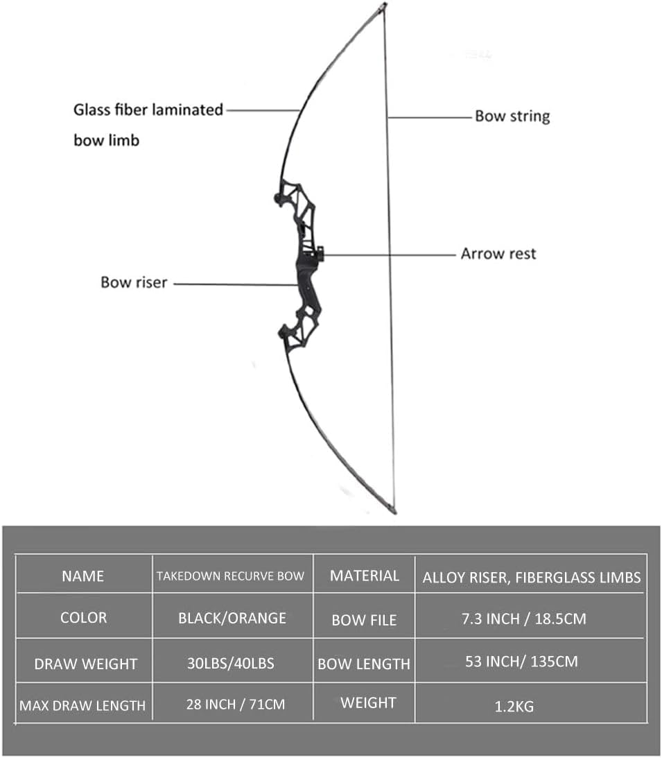 Toparchery Archery Takedown Recurve Bow Hunting Long Bow Alloy Riser - Right Hand Black - Draw Weight 30lbs 40lbs - with Arrow Sight, Arrow Brush