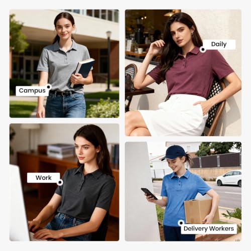 TVKSOM Women's Polo Shirts Casual Short Sleeve Work Tops 4-Pack - XX-Large, Black, Grey, Blue, Red