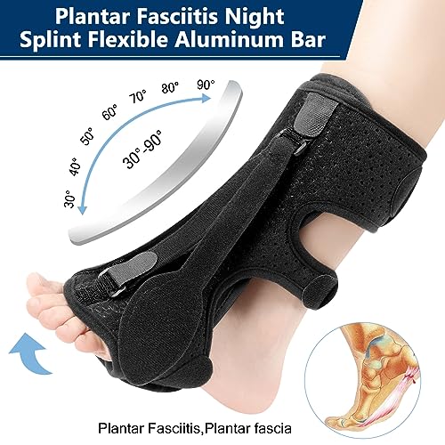 Upgraded Plantar Fasciitis Night Splint, 3 Adjustable Straps Plantar Fasciitis Relief Braces for Achilles Tendonitis, Foot Drop & Heel Spur Pain Relief Day & Night (Black)