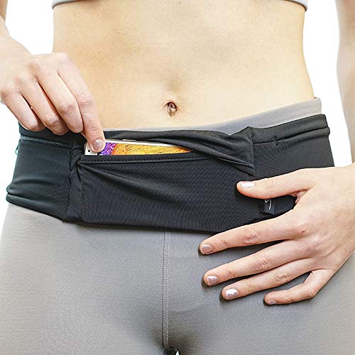 Adjustable Running Belt Waist Pack with 3 Pockets & Sweat Resistant Back - Large Black