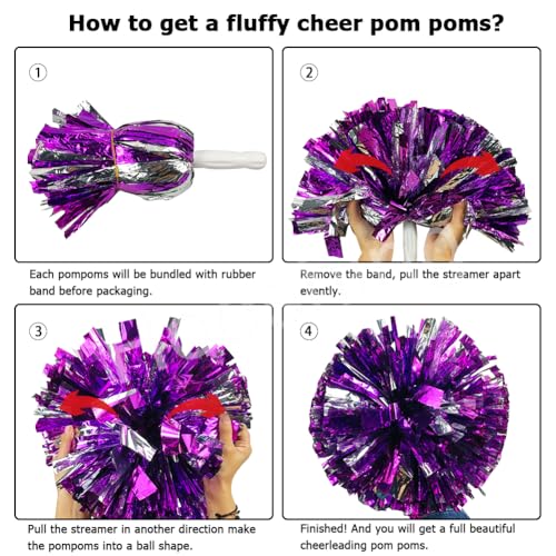 Purple and Silver Cheer Pom Poms with Plastic Handles - 4 Pack Kids Team Sports
