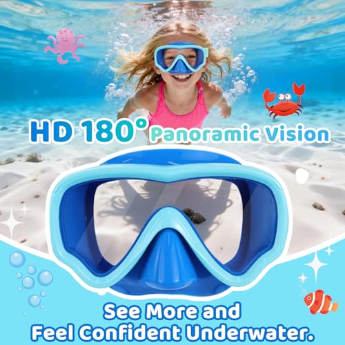 Kids Swim Goggles with Nose Cover, Fabric Strap No Leak, Blue Green / Vibrant